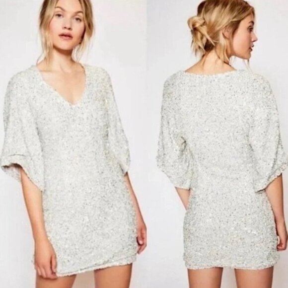 Free People Women US 6 champagne all over sequin dress Party Girl mini side zip - Picture 1 of 15